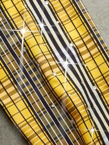 PAVTROS Manfinity Streetrush Men's Yellow Plaid Creative Letter Pattern Rhinestone Embellished Long Sleeve Shirt,Rhinestone,Halloween,Halloween Party,Streetwear Peace Shirt Graphic Shirt Men Vintage Shirt Yellow Plaid Shirt Men Streetwear Shirt, Fall