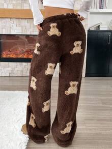 SLAYR Tween Girl Tween Girl Casual Cartoon Bear Pattern Drawstring Waist Teddy Fleece Long Pants, Autumn/Winter Fall Brown Pants Lounge Pants Teddy Bear Pants Fuzzy Pants
