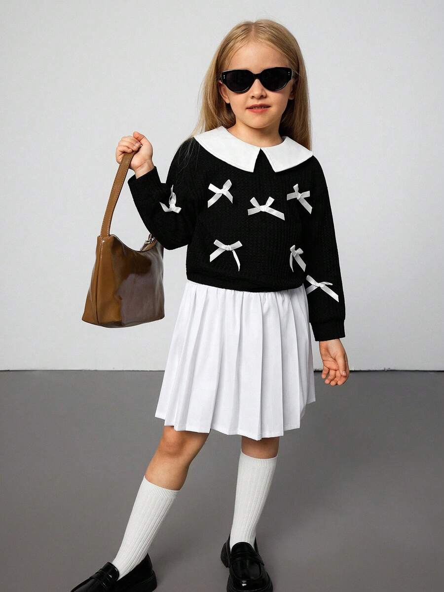 Young Girl Casual Cute School Style Contrast Color Peter Pan Collar Bow Decor Drop Shoulder Loose Sweatshirt, Autumn/Spring Black And White Long Sleeve Sweatshirt With Bows - Black - View 1