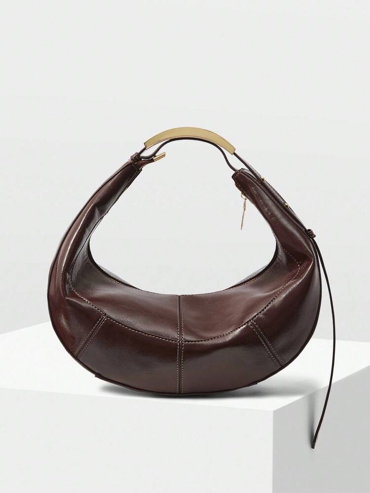 PU LEATHER ZIPPER TOP HANDLE BAG ESPRESSO BROWN
