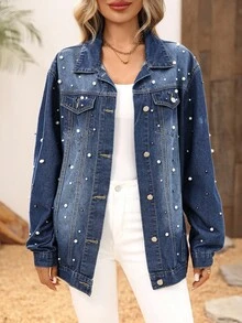 EMERY ROSE Áo khoác denim thường ngày đính ngọc trai cho nữ, trễ vai - Màu xanh lam - Xem 5