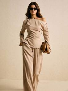 Poéselle Conjunto de top con hombros oblicuos y pantalones de unicolor casual