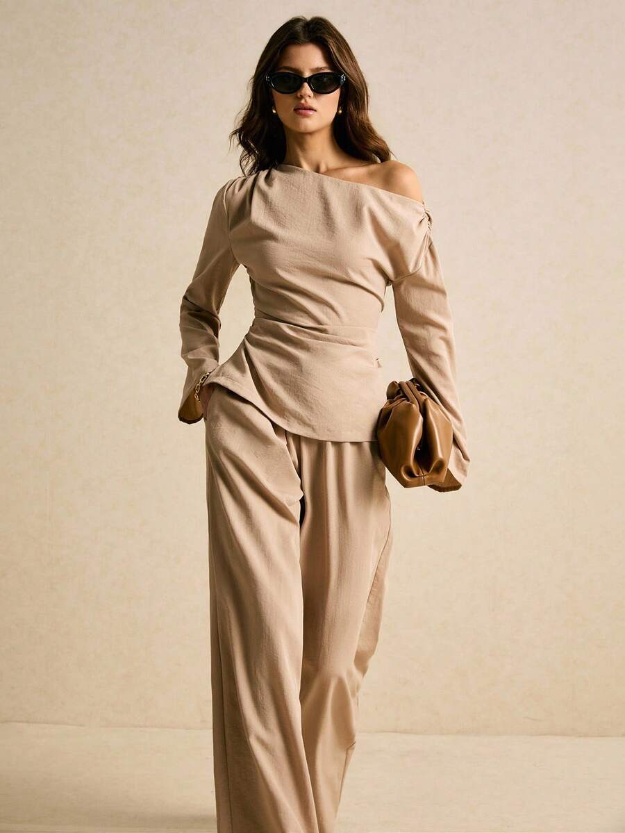 Poéselle Conjunto de top con hombros oblicuos y pantalones de unicolor casual