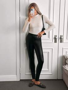 Louniche Women Thermal Thermal Lined Stretchy Footless Leggings, Long Basic Pants For Autumn/Winter - Black - View 4