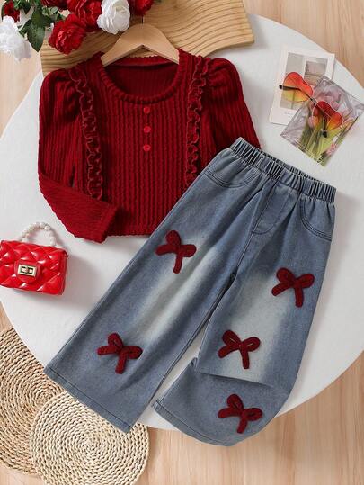 Set de 2 piezas Estilo coreano dulce y lindo para niñas pequeñas: Blusa de manga larga con cuello de volantes texturado + Pantalones vaqueros rectos con decoración de lazo bordado, adecuado para vacaciones, viajes, vuelta al colegio, primavera/otoño/invierno