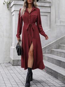 EMERY ROSE Solid Button Front Belted Shirt Dress Maxi Women Outfit - Burgundy - View 5