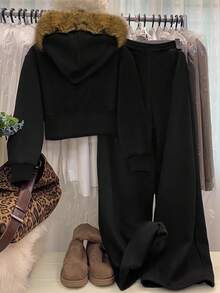 INAWLY 2 件女士天鹅绒运动服秋冬新款毛领拉链夹克 + 阔腿裤时尚运动休闲套装 - 黑色 - 查看 2