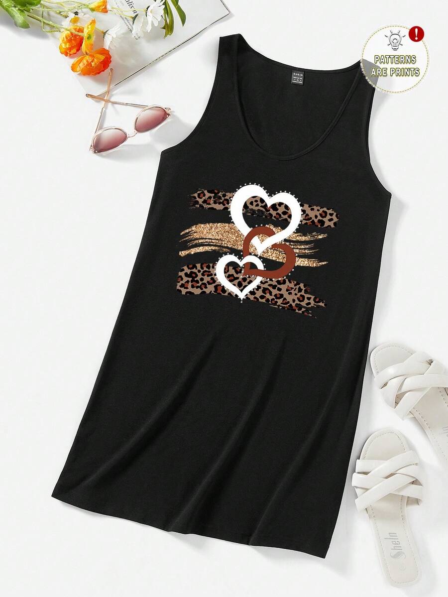 EMERY ROSE Casual Minimalist Leopard Print & Heart Foil Graphic Camisole Dress Chic Dress - Black - View 1