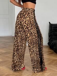 SHEIN EZwear 大码女式豹纹侧条纹宽松休闲裤，秋冬 - 彩色 - 查看 2