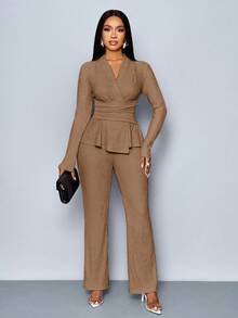 SOLERSUN Women's Apricot Color Elegant V Neck Long Sleeve T-Shirt And Wide Leg Pants Two Pieces Set,Asymmetrical Hem Two Pieces Outfits,Casual Daily Wear,Winter Clothes For Women Fall Cloth For Women - Brown - View 3