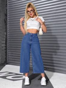 SHEIN ICON 冬季加大码女式经典时尚阔腿牛仔裤 - 中等水洗藍 - 查看 4