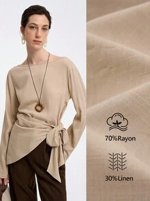 Aalyst Casual & Commute Fashionable High-End Linen Blend Woven Fabric Round Neck Raglan Long Sleeve Tie Waist Slim Asymmetrical Hem Women Blouse Fall Cloth For Women