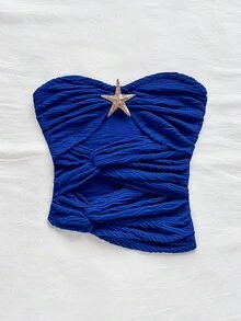 Soleia 女士度假白色针织纹理面料修身露肩上衣，海星镂空不对称下摆，性感修身时尚上衣，适合派对、约会、情人节、狂欢节、复活节、西部、音乐节、海滩、邮轮、春夏季 - 寶藍色 - 查看 5