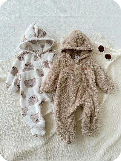 SHEIN 2 件套新生儿男女通用可爱卡通熊图案蓬松连帽连体衣和连脚裤套装，休闲秋冬婴儿服装