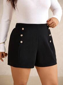 Elaquor 大码优雅女士优雅修身中腰假纽扣短裤，冬季女士短裤，机场服装，女士秋冬短裤 - 黑色 - 查看 5