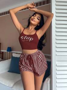 SHEIN Letter & Striped Print Tie Waist PJ Set / Pajama Set Holiday Season - Burgundy - View 3
