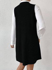 EMERY ROSE Women's Casual Daily Simple Solid Color V-Neck Sleeveless Loose Knit Sweater Dress, Autumn/Winter (Excluding Shirt) - Black - View 2
