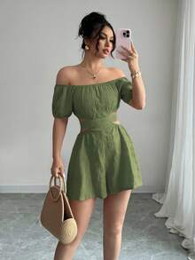 Elenzga Bộ đồ liền thân hở vai, nơ sau lưng dành cho nữ thường ngày - Casual-Woman Casual - Màu xanh Bạc hà - Xem 6