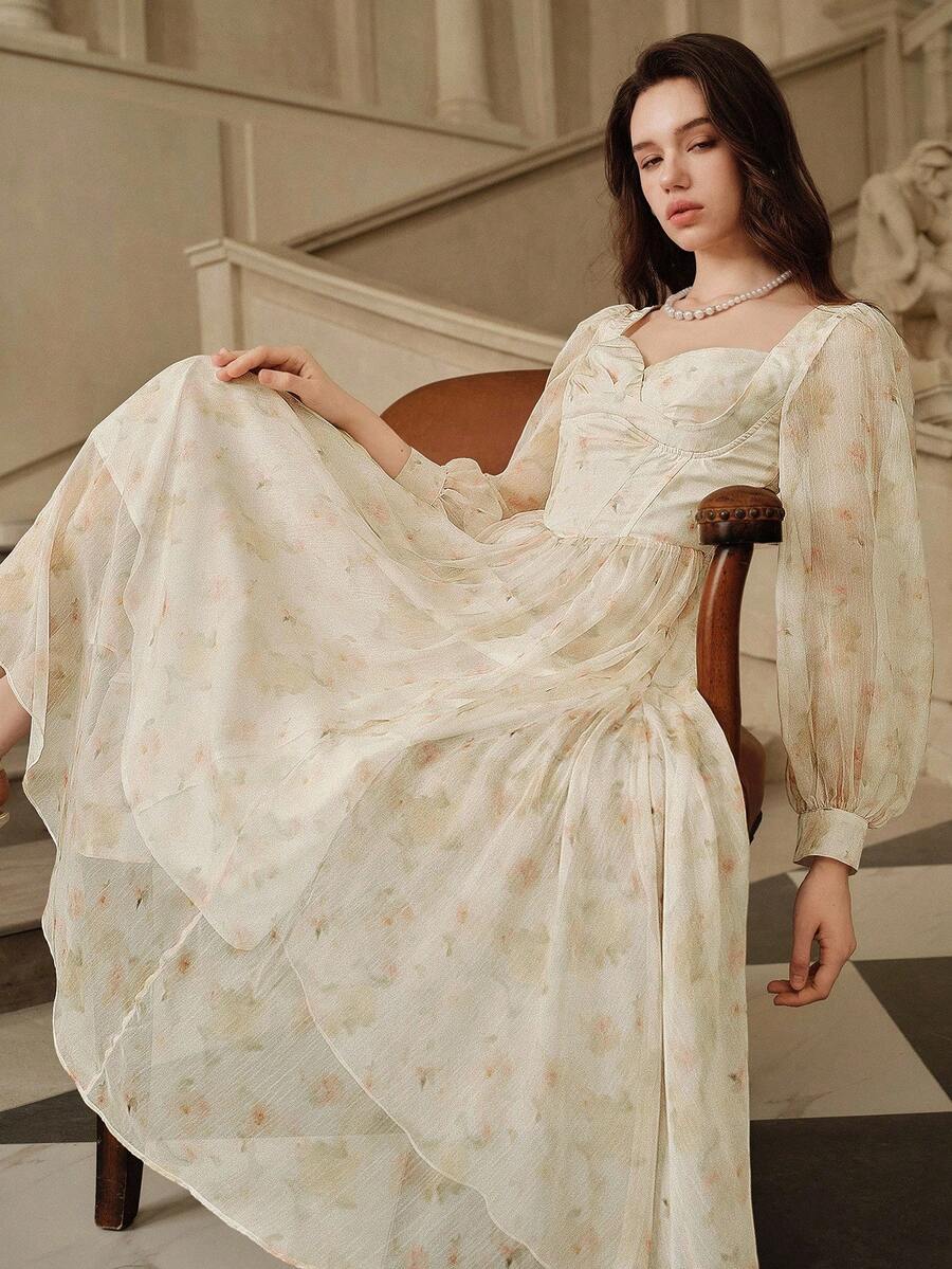 Anewsta Vestido de manga larga con estampado, de gasa con cintura ajustada y vuelo, vestido regular para citas - Amarillo claro - Ver 1