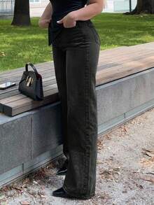 Jeta Ari Women's Casual Zip-Up Loose Wide Leg Denim Pants - Dark Grey - View 3
