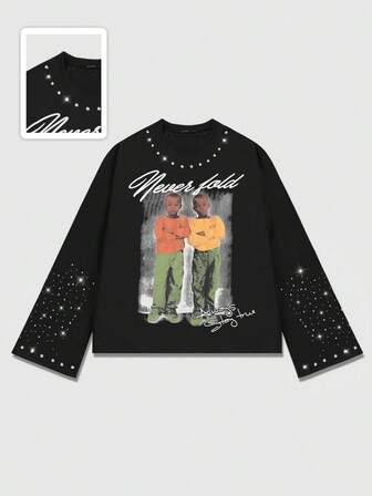 Street Life Camiseta de manga larga con estampado de retrato de diamante brillante para hombre, otoño