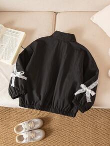 Genkimix Kids 女童时尚休闲蝴蝶结刺绣蕾丝边立领弹力袖口长袖夹克，适合秋季日常穿着 - 黑色 - 查看 2