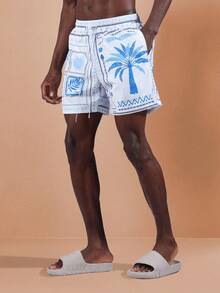 SUMWON Shorts de playa casuales con estampado de palmeras, tabla de surf hawaiana, pantalones cortos de verano con cordón y cintura elástica, ropa de resort, vacaciones, shorts para fiesta en la piscina