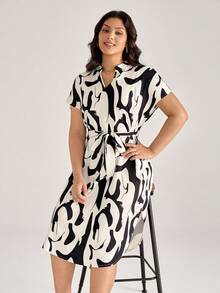 Comfylo Vestido casual de talla grande con estampado y dobladillo asimétrico con nudo para mujer