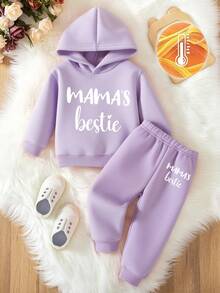 SHEIN Playful Pals 2 件套女婴服装，时尚简约撞色字母印花连帽卫衣和撞色字母印花裤套装，适合秋冬季外出，紫色卫衣套装 - 紫色 - 查看 3