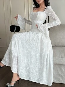 Feyla 女式优雅纯色提花喇叭袖连衣裙 - 白色 - 查看 2