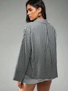 MISSGUIDED 女式超大号纽扣条纹长袖翻领衬衫宽袖口经典办公室商务休闲秋冬衬衫上衣 - 黑色 - 查看 2