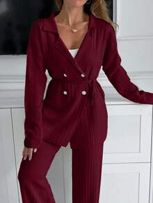 EURMUSE Handmade Stitch Embroidery Sweater And Pant Knit Set - Burgundy - View 3