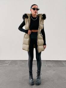 Padded Vest With Furry Hood And Adjustable Waist, Two Side Pockets, Thick And Fashionable Puffer Jacket, Quilting Details - Beige - View 8