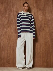 MUSERA 超大款长袖条纹纽扣细节橄榄球T恤，可爱假日度假机场休闲优雅上衣，仅供女性办公室着装，适合秋季、春季和夏季穿着。 - 寶藍色 - 查看 4