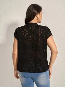 Comfylo Plus Size Cut-Out Sheer Short Sleeve Casual Top Summer Vacation Woman Easter Rave Festival Boho Women Country Women Country Concert Spring For Women Summer Western Wear Women Blouse - Black - View 6