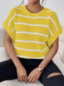 EMERY ROSE Contrast Stripe Batwing Sleeve Loose Knit Sweater - Yellow - View 6