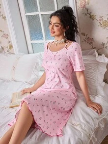 CottageSlumber Women's Romantic Cute Pink Ditsy Floral 2 In 1 Short Sleeve Soft & Comfortable Nightgown - Pink - View 4