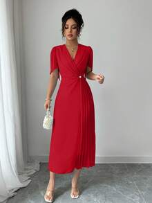 Vestido plisado elegante de cintura ceñida en unicolor de gasa - Rojo - Ver 3