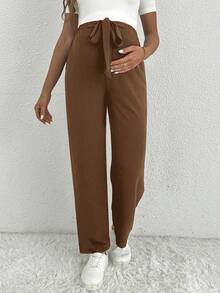 SHEIN Maternity Casual Solid Color Knotted Waist Wide Leg Loose Pants Brown Pants Wide Leg Pants Bow Pants Women Wide Leg Pants