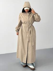 SHEIN EZwear 大码连帽防水长款风衣，秋冬 - 卡其色 - 查看 4