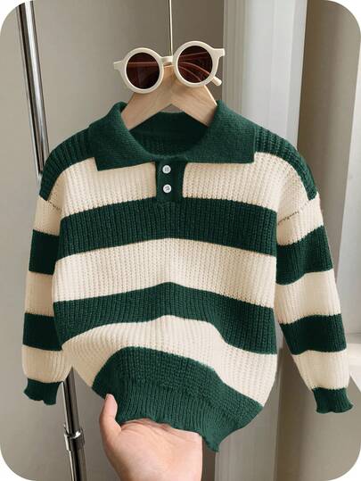 SHEIN 1 Piece Young Boys Casual College Comfortable Fashion Simple Practical All-Match Soft Comfortable Loose Striped Polo Sweater Suitable For Birthday Parties, Parties, Shows Suitable For Kids Outfits Young Boy Clothes School Back To School Boys Set Daily Suitable For School Suitable For Travel Suitable For Sports Suitable For Autumn And Winter Fall