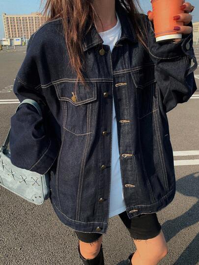 Livesso Women's Loose Casual Denim Jacket With Collar