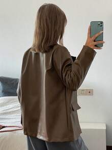 DAZY Women's Loose Casual PU Blazer Jacket, Autumn Buisness Attire