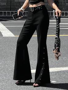 DAZY 女士休闲喇叭裤，饰有细节，秋冬低腰牛仔裤 - 黑色 - 查看 4