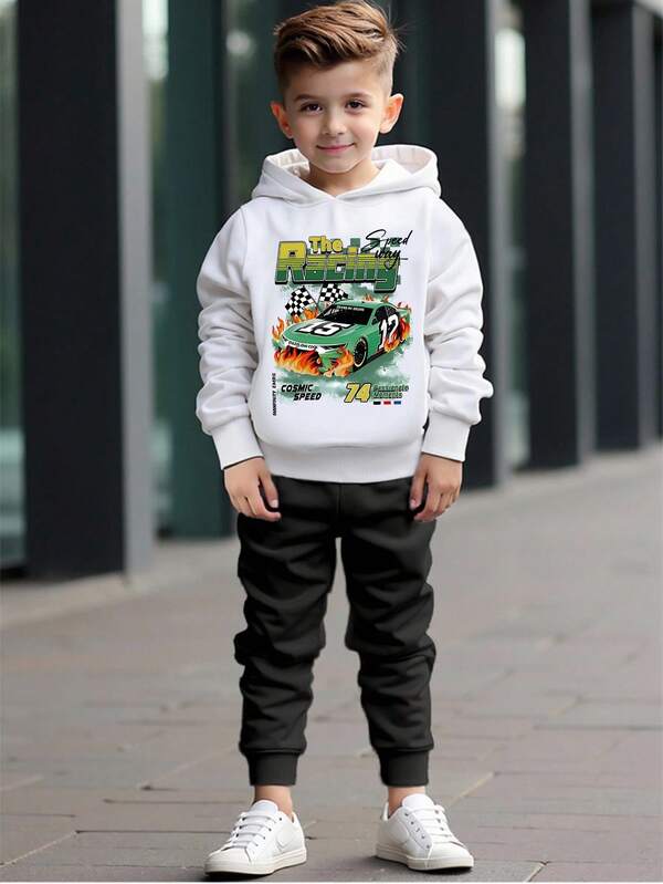 2 件套年轻男孩休闲时尚酷炫汽车图案连帽衫，适合春秋冬季