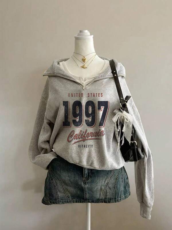 Attitoon Plus Size Women Loose Half Zip High Neck Fleece Hoodie, Suitable For Autumn/Winter, Vintage, American Casual, 1997 Print, Fall Sweatshirt Grey Sweatshirt 1997 Sweatshirt