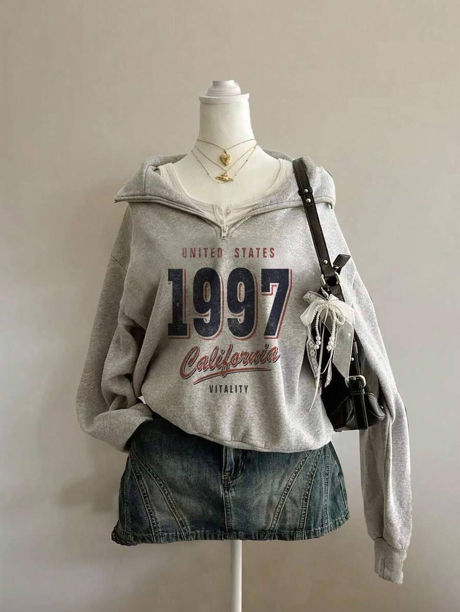 Attitoon Plus Size Women Loose Half Zip High Neck Fleece Sweatshirt, Suitable For Autumn/Winter, Vintage, American Casual, 1997 Print, Fall Sweatshirt Grey Sweatshirt 1997 Sweatshirt
