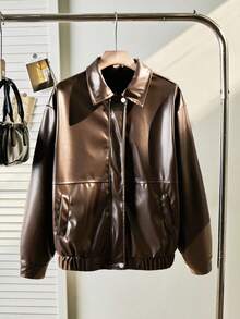 SHEIN 少女休闲百搭复古街头棕色皮夹克，翻领设计，适合上学、通勤、旅行等场合，可搭配长袖毛衣、背心、连帽衫、裤子、牛仔裤、运动裤等，秋冬季穿着舒适。 - 棕色 - 查看 5