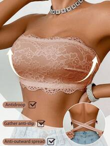 SHEIN 1pc Women Lace Wireless Bandeau Bra - Apricot - View 3