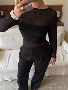 Dripcurv Plus-Size Women's Black All-Season Fashionable Sexy Sheer Polka Dot Mesh Top, Perfect For Valentine's Day And New Year's, Urban Minimalist Style. - Black - View 7